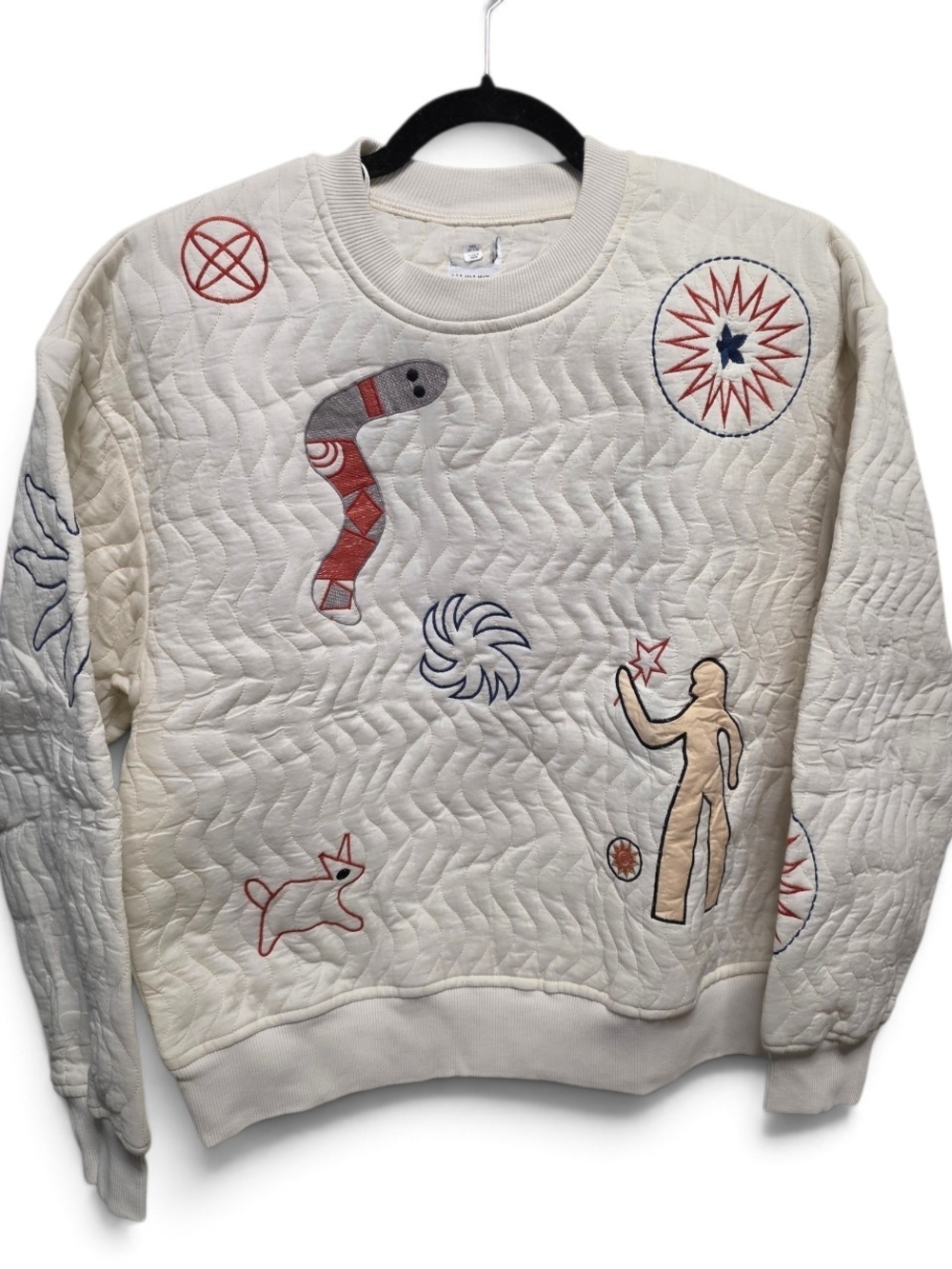 Zara Cream Quilted Embroidered Crewneck Sweatshirt Size Small